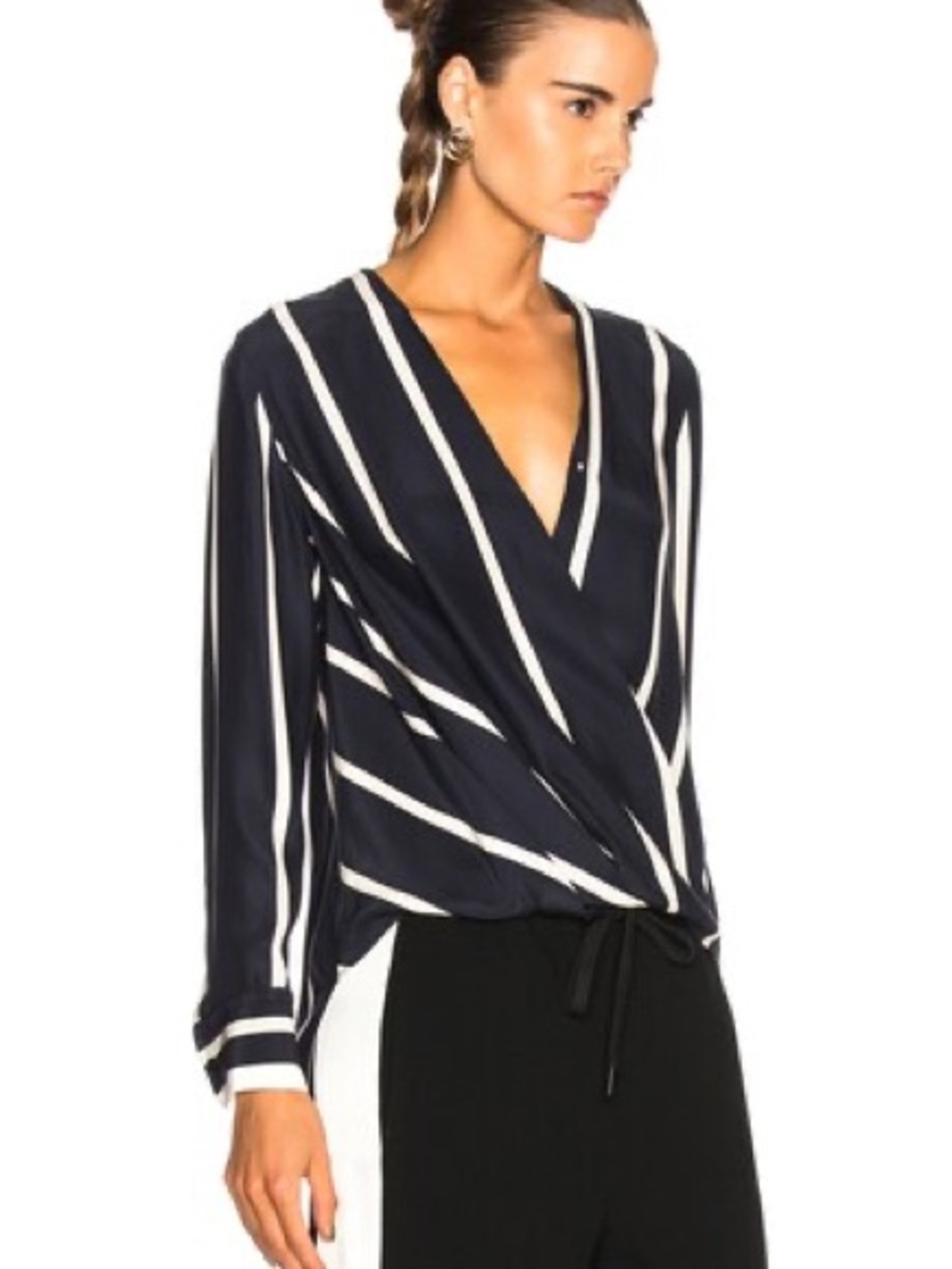 Rag & Bone Victor Wrap Navy/Cream Striped Long Sleeve Silk Blouse. Size L.